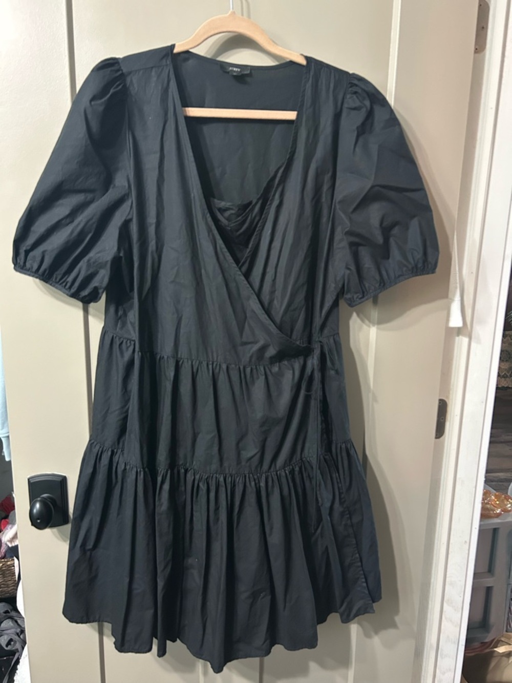 J. Crew Puff-sleeve cotton poplin wrap dress black tiered a-line preppy casual
